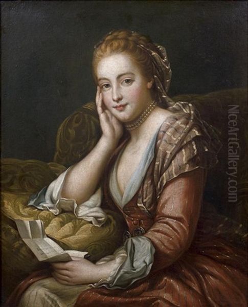 Portrait De Jeune Femme Vetue A L'orientale Tenant Une Lettre Oil Painting by Alexander Roslin