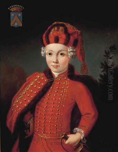 Portrait Of A Young Gentleman, Half-length From The Guillaume De Chavaudon De Sainte Maure Family, In Husar Costume, His Left Hand Resting On The Hilt Oil Painting by Alexander Roslin