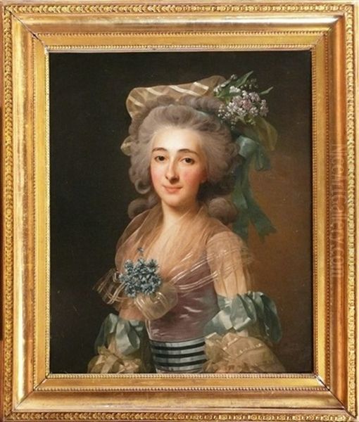 Portrait D'une Jeune Femme Au Chapeau Fleuri Et Aux Rubans Bleus Oil Painting by Alexander Roslin