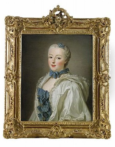 Portratt Av Francoise Marguerite De Sevigne, Grevinnan De Grignan Ikladd Vit Brokadklanning Med Bla Rosetter Och Spetskantad Sidencape Oil Painting by Alexander Roslin