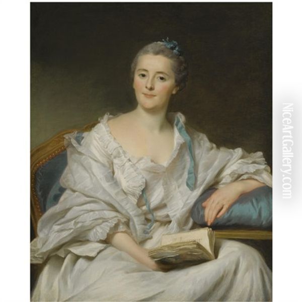 Portrait Of Marie-francoise Julie Constance Filleul, Marquise De Marigny, Seated, Holding An Open Book In Her Right Hand Oil Painting by Alexander Roslin