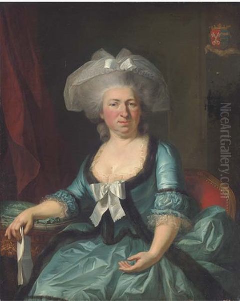 Portrait Of A Lady, Seated Three-quarter-length, In A Blue Silk Dress With A Fur Trim, A Letter In Her Right Hand Oil Painting by Alexander Roslin