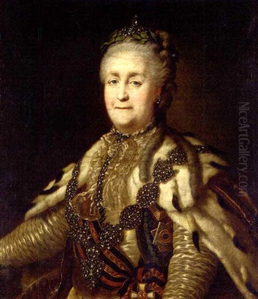 Portrait Of Catherine The Great, Wearing The Necklace Of St. Andrew With Diamonds And The Order Of St. George Oil Painting by Alexander Roslin