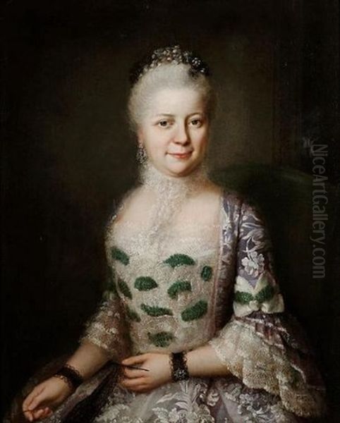 Portrait Of Cristina Von Oppel In A Lilac Dress With Lace Trim And Green Bows Oil Painting by Alexander Roslin