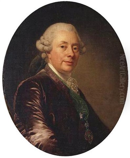 Portrait Of A Gentleman In A Velvet Jacket With A Green Medal Ribbon Oil Painting by Alexander Roslin