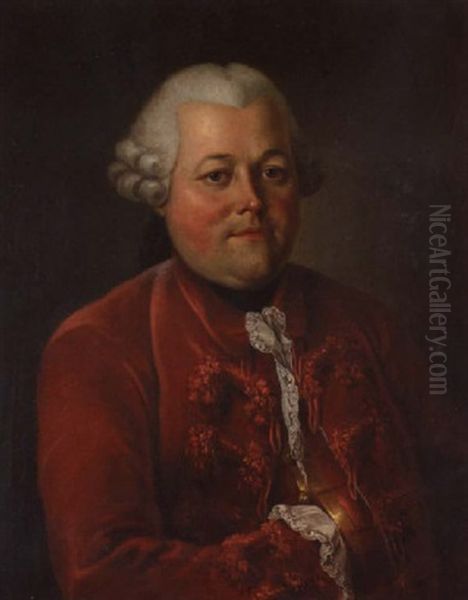 Portrait Of A Gentleman In A Red Embroidered Coat Oil Painting by Alexander Roslin