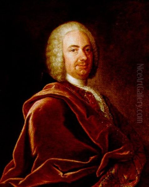 A Portrait Of A Gentleman, Wearing A Red Coat, A White Lace Chabot And A Wig Oil Painting by Alexander Roslin