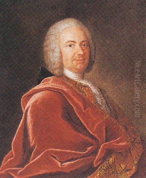 A Portrait Of A Gentleman Wearing A Red Coat, A White Lace Chabot And A Wig Oil Painting by Alexander Roslin