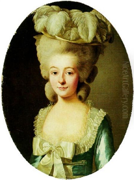 Portrait Of A Young Lady Wearing A Blue And White Satin Dress And A Feathered Hat Oil Painting by Alexander Roslin