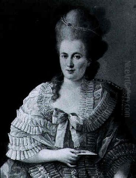 Portrait Of A Lady Holding A Letter, Seated, Wearing A Jacket Fastened With A Pink And White Bow, And Pearls In Her Hair Oil Painting by Alexander Roslin