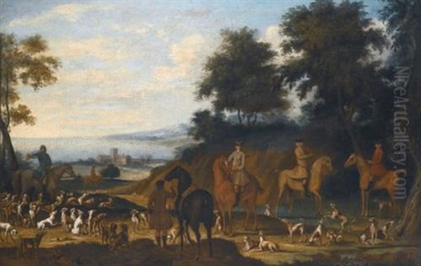 A Group Of Mounted Sportsmen With Hounds, A Huntsman, And A Distant Landscape Beyond by James Ross