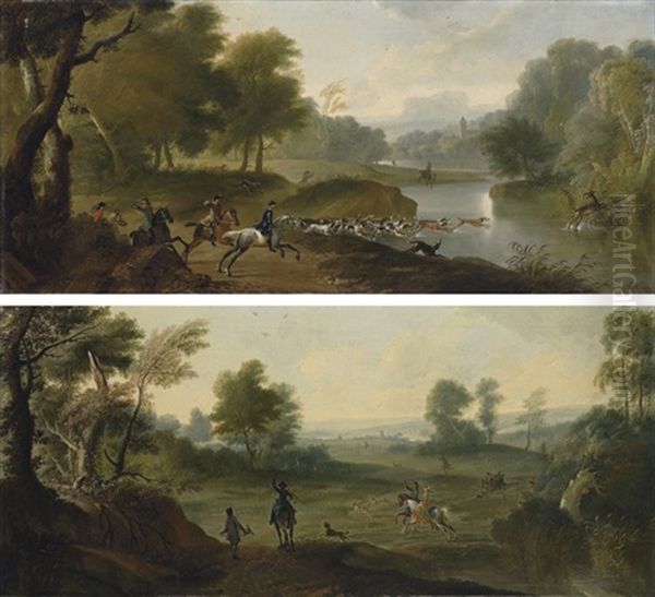 A Stag Hunt In A Wooded River Landscape(+ A Hawking Party In A Landscape; Pair) Oil Painting by James Ross