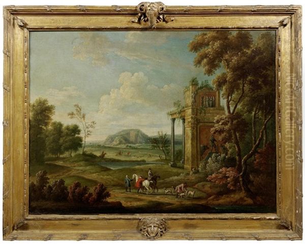 A Hunting Party By Classical Ruins, A Stag Hunt Beyond Oil Painting by James Ross