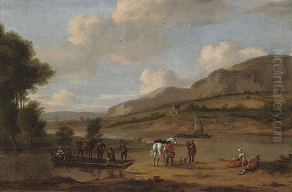 A Wooded River Landscape With A Ferry And Figures And Their Horses In The Foreground Oil Painting by James Ross