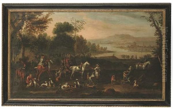 A Hunting Party In An Extensive Coastal Landscape, A Town Beyond Oil Painting by James Ross