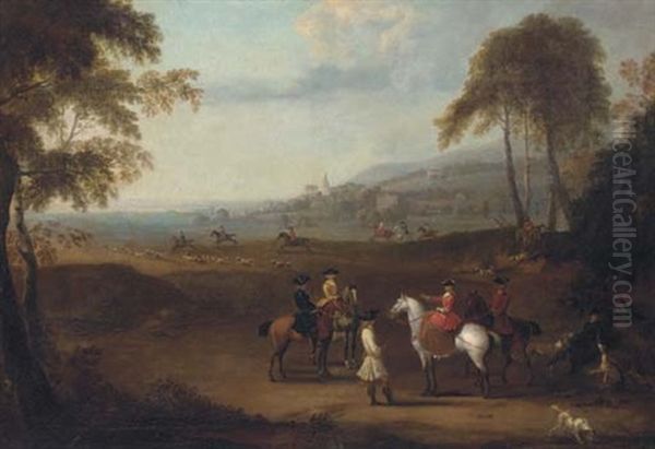 An Elegant Hunting Party In An Extensive Landscape, A Country House Beyond Oil Painting by James Ross