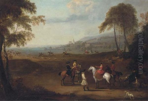 An Elegant Hunting Party In An Extensive Wooded Landscape, A Country House Beyond Oil Painting by James Ross