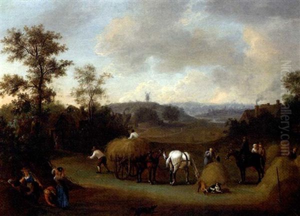 A Haymaking Scene With Figures In An Extensive Landscape Oil Painting by James Ross