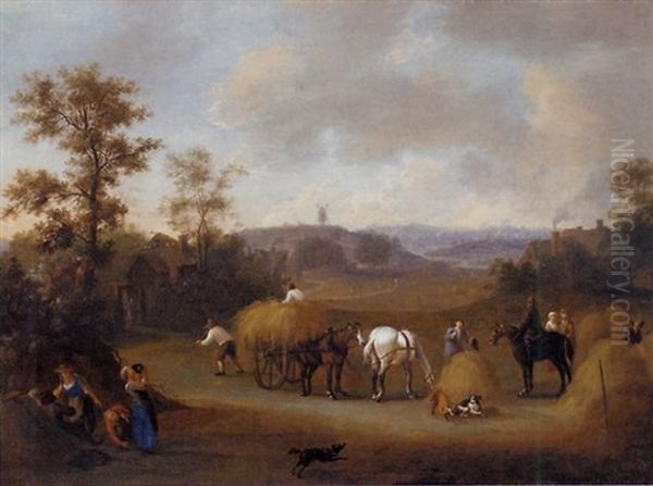 A Haymaking Scene With Figures In An Extensive Landscape Oil Painting by James Ross