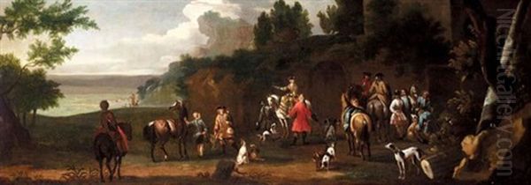 A Hunting Party In An Extensive Landscape Oil Painting by James Ross