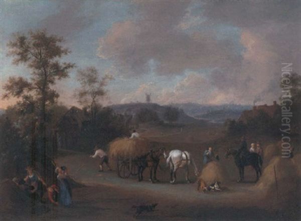 A Haymaking Scene With Figures In An Extensive Landscape Oil Painting by James Ross