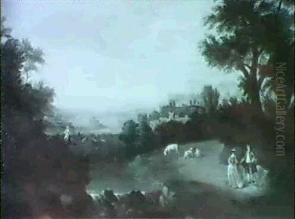 Italianate Landscape With Figures By A River, And Cattle    And Sheep Grazing Oil Painting by James Ross