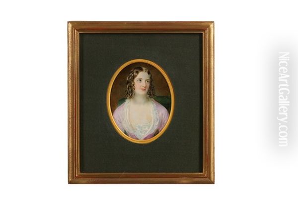 Portrait Miniature Of A Lady, In Pink Dress With White Lace Underslip, Her Brown Hair Upswept And Dressed In Ringlets Oil Painting by Sir William Charles Ross