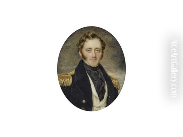 A Naval Officer, Wearing Blue Coat With Gold Epaulettes, White Waistcoat And Chemise, Black Stock And Cravat Oil Painting by Sir William Charles Ross