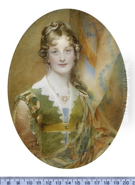 Jane Digby, Lady Ellenborough (1807-1881), Seated Before An Aperture And Hanging Drapery, Wearing India Green Dress With Amber And Green Shoulder Rolls, Her Jewelled Sleeves Slashed To Reveal Amber Oil Painting by Sir William Charles Ross