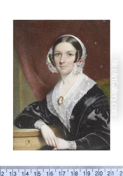 A Lady, Seated On A Green Upholstered Chair And Wearing Black Dress, White Lace Collar And Cuffs, Gold Mounted Cameo Brooch Fastened To Her Corsage... Oil Painting by Sir William Charles Ross