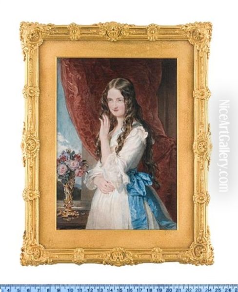 Lady Augusta Margaret Fitzclarence, Standing In An Interior And Wearing White Dress With Pale Blue Trim To Her Decollage And Blue Sash, Her Hair Worn Loose Oil Painting by Sir William Charles Ross