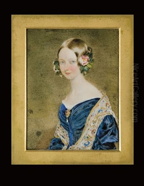 Portrait D'helene De Mecklembourg-schwerin, Duchesse D'orleans En Robe Bleue Ornee D'une Broche, Chale Brode, Les Cheveux En Chignon Rehausse D'une Couronne De Oil Painting by Sir William Charles Ross