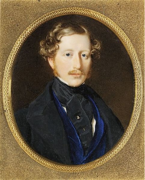 A Young Gentleman, In Black Coat, Blue Waistcoat And Black Cravat With Pearl Stickpin... Oil Painting by Sir William Charles Ross