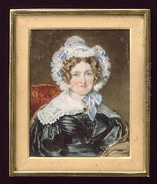 Mrs Filmer, Seated In A Red Upholstered Chair, Wearing Black Dress With White Lace Collar Held With A Red Brooch And White Bonnet Trimmed With Lace And Pale Blue Ribbons Oil Painting by Sir William Charles Ross