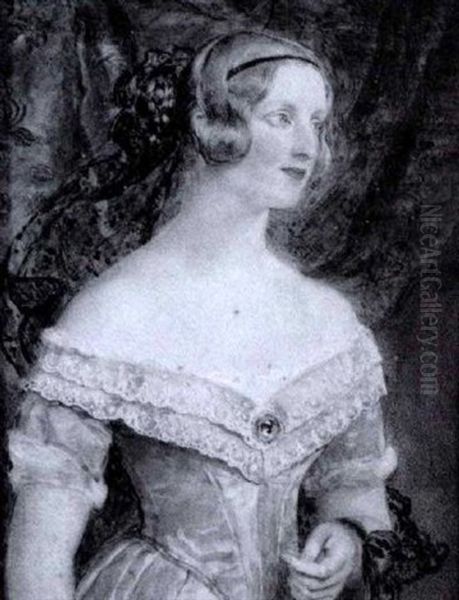 The Hon. Jane Lawley-thompson, Wearing Mint-green Dress With White Lace Collar, Blue Ribbon Suspended From Her Left Arm, Jewel At Her Corsage, Thin Black Ribbon In Her Hair And Black Lace Veil Oil Painting by Sir William Charles Ross