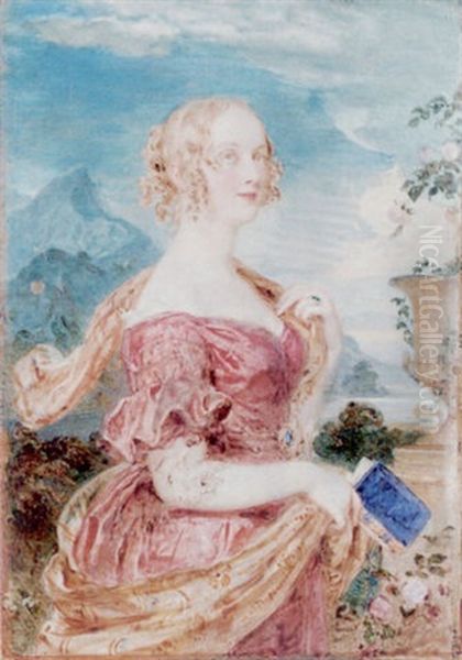 A Young Lady, Standing Facing Right In Pink Off-the-shoulder Dress, An Orange Stole Over Her Shoulder, Holding A Blue Book In Her Hand; Landscape Background Oil Painting by Sir William Charles Ross