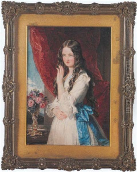 Lady Augusta Margaret Fitzclarence Wearing White Dress With Blue Trim And Waistband Tied In A Bow, She Stands Beside A Table With A Vase Of Pink Roses Oil Painting by Sir William Charles Ross