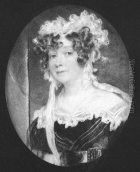 Mrs. Campbell, Aged 49, Wearing Black Dress With Wide White Lace Collar And Frilled White Bonnet With Long Ribbons, Red Curtain Background Oil Painting by Sir William Charles Ross