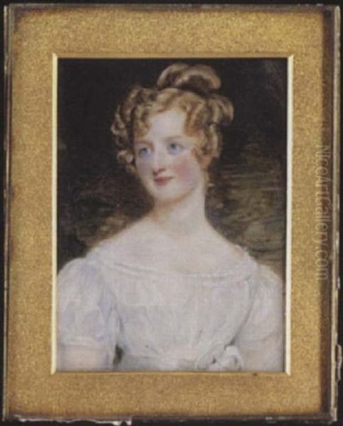 A Lady, Her Blonde Hair Dressed In A Bun And Ringlets, Wearing Decollete White Dress, Green Curtain Background Oil Painting by Sir William Charles Ross