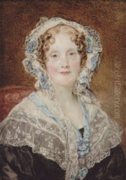 Jane Maitland Wearing Black Dress With Large White Lace Collar Trimmed With Pale Blue Ribbon And Matching Bonnet In Her Blonde Curled Hair Oil Painting by Sir William Charles Ross