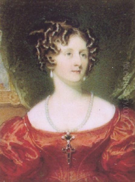 A Fine Portrait Of A Lady, Seated, In Red Satin Dress With A Large Jewelled Crucifix On String Of Pearls Oil Painting by Sir William Charles Ross