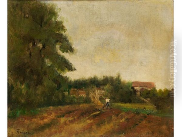 Baumlandschaft Mit Einem Landarbeiter Vor Einer Hausergruppe Im Hintergrund Oil Painting by Federico Rossano