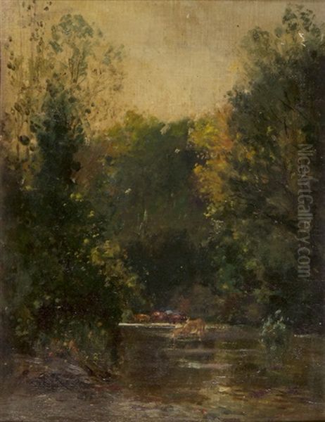 Baumreiche Flusslandschaft Mit Kuhen Bei Der Tranke Oil Painting by Federico Rossano