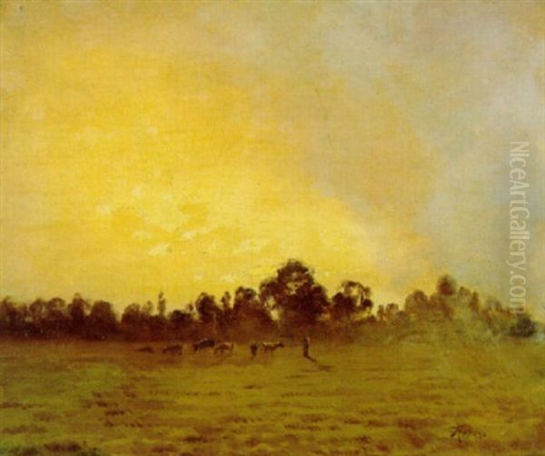 Mucche Al Pascolo Nel Paesaggio Al Tramonto Oil Painting by Federico Rossano