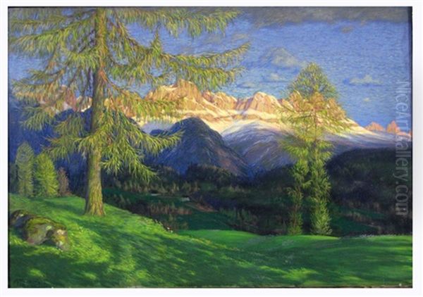 Untitled (view Of Swiss Alps In Summer) Oil Painting by Max Rossbach