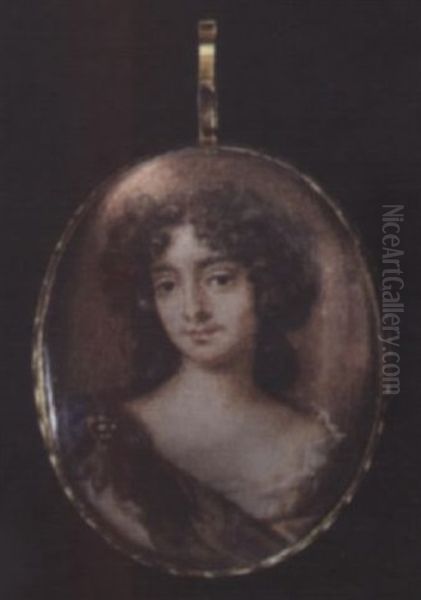 A Viscountess Wearing White Gown, Her Brown And Blue Cloak Pinned At The Shoulder With Jewelled Brooch, Her Dark Brown Hair Worn Over Her Shoulder Oil Painting by Susan Penelope Rosse