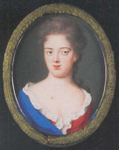 A Lady Wearing Decollete Red Dress With Frilled White Underslip And Blue Cloak Over Her Right Shoulder Oil Painting by Susan Penelope Rosse