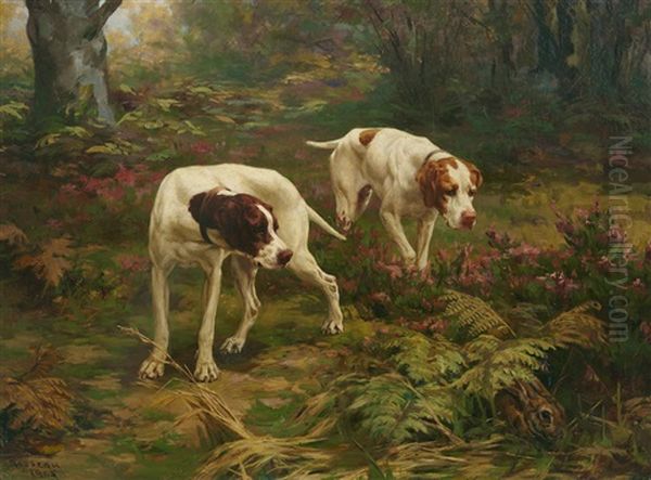 Two Pointers And A Hare Oil Painting by Percival Leonard Rosseau