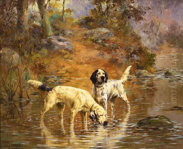 Two Setters In A Cooling Stream On The Grounds Of Overhills, Fayetteville, North Carolina Oil Painting by Percival Leonard Rosseau