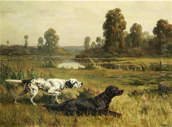 Gordon And English Setters In The Field Oil Painting by Percival Leonard Rosseau